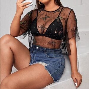 SHEIN Butterfly Sequin Mesh Top